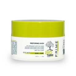 Pote branco com tampa verde da Máscara Restoring Bio Tanix da Prime Cosméticos, destacando os ingredientes Olive e Ojon.