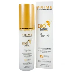 Frasco e embalagem do produto Bio Tanix Magic Help da Prime Pro Extreme, um recondicionador bifásico de 60ml com tampa dourada e rótulo branco.
