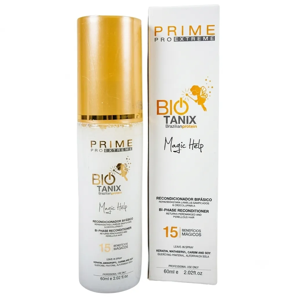 Bio Tanix Magic Help Prime Pro Extreme 60ml - Recondicionador Bifásico Frasco e embalagem do produto Bio Tanix Magic Help da Prime Pro Extreme, um recondicionador bifásico de 60ml com tampa dourada e rótulo branco.