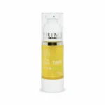 Frasco cilíndrico transparente de 30ml contendo óleo capilar amarelado da linha Bio Tanix Dual Prime Pro Extreme, com tampa e base brancas.