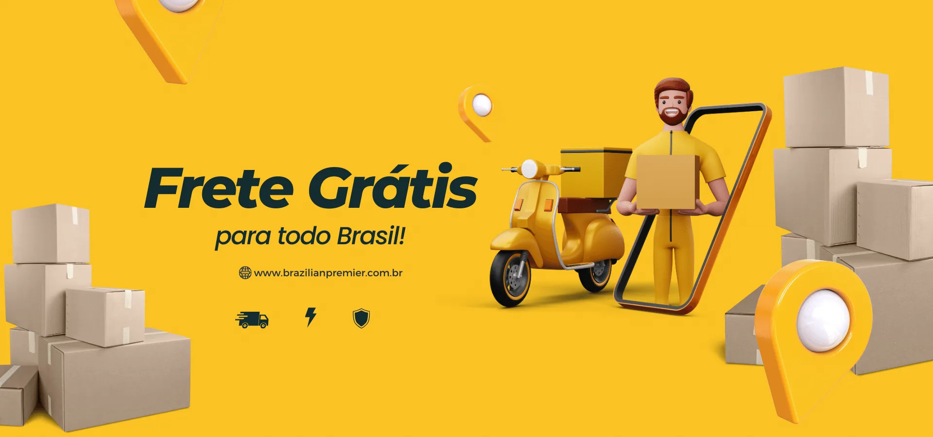 Banner promocional da Brazilian Premier com texto 'Frete Grátis para todo Brasil', ilustrado com entregador 3D, scooter e caixas de encomendas sobre fundo amarelo.