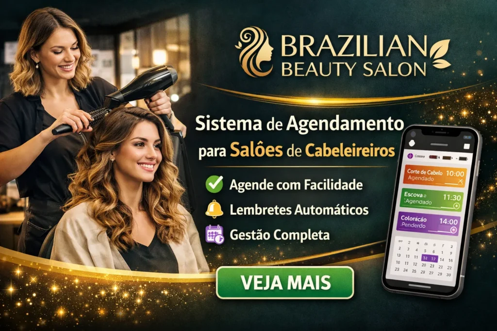 Cabeleireira usando secador e escova em uma cliente, ao lado de um smartphone mostrando um aplicativo de agendamento para salão de beleza.