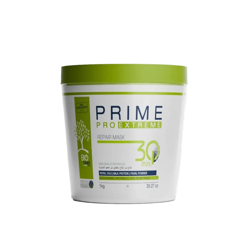 Prime Pro Extreme Bio Tanix Repair Mask 1kg – Máscara de Reparação Capilar Máscara de Reparação Prime Pro Extreme Bio Tanix Repair Mask 1kg com óleos nobres, proteína do leite e pó de pérola.