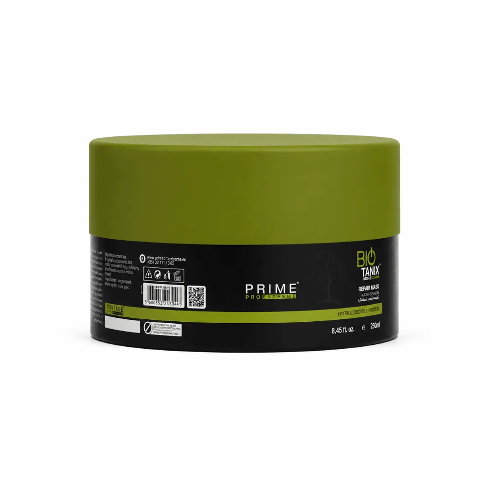 Máscara Bio Tanix Home Care Repair Mask 250ml – Prime Pro Extreme Máscara capilar Bio Tanix Home Care Repair Mask 250ml da Prime Pro Extreme em embalagem preta com tampa verde e fundo branco.